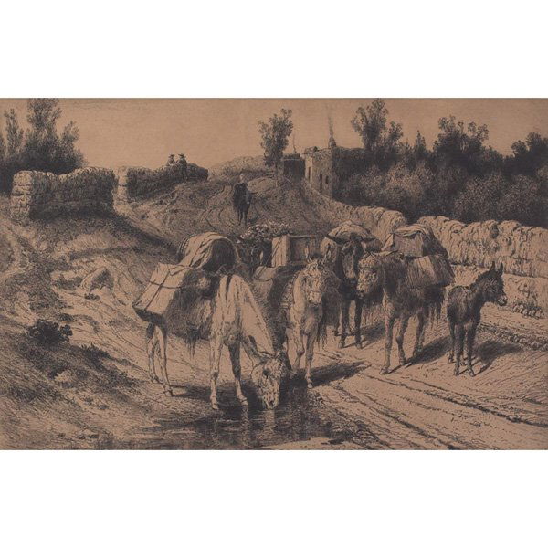 Peter Mora On the Road to Santa Fe etching: Peter Moran (American, 1841-1914) "On the Road to Santa Fe," c. 1884, etching, 11.5" x 17.5", pencil signed lower right, dedication lower left, framed