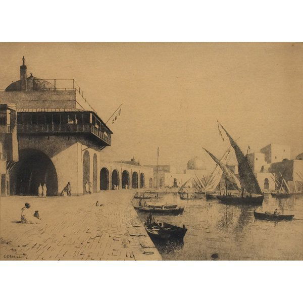 Lemuel D. Eldred Admirality Quay etching: Lemuel D. Eldred (American, 1848-1921) "Admirality Quay," c. 1900, etching, 11.5" x 15.75", pencil signed lower right, framed
