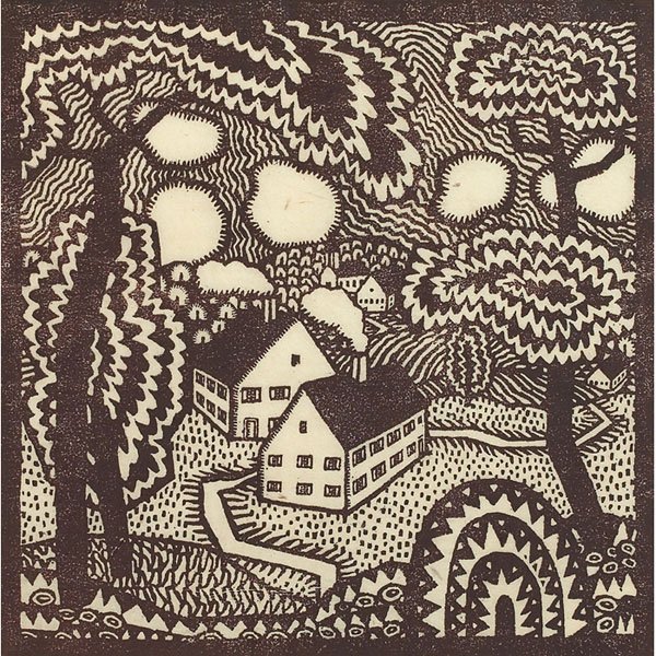 Winold Reiss Village woodcut: Winold Reiss (German/American, 1886-1953) "Village," c. 1950, woodcut, 10" x 10", pencil signed lower right, unframed