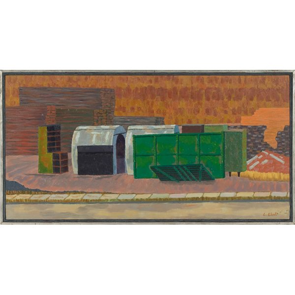 Lucy Carter Eliot Objects on Erie Boulevard #2 oil on c: Lucy Carter Eliot (American, 1913-2010) "Objects on Erie Boulevard #2," c. 1980, oil on canvas, 22.5" x 43.5", signed lower right, titled on period label on verso, framed