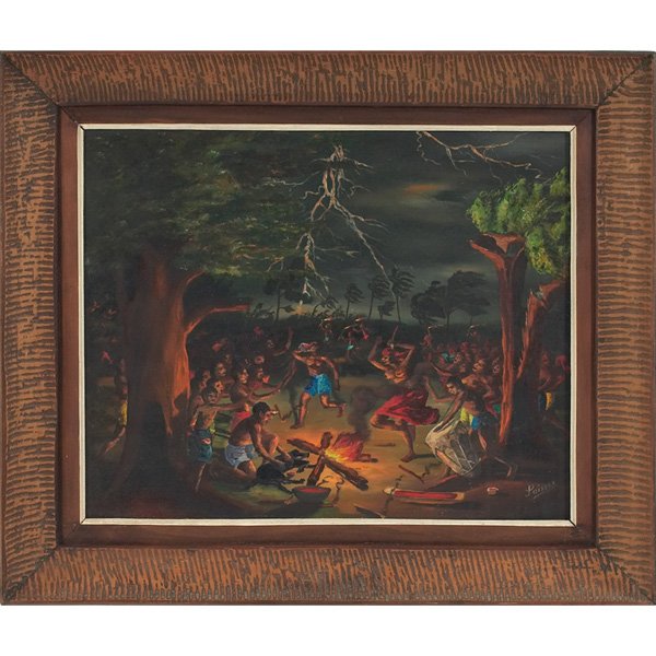 Louverture Poisson Voodoo Ceremony oil on canvas: Louverture Poisson (Haitian, 1924-1984) "Voodoo Ceremony," c. 1970, oil on canvas, 15.5" x 19.5", signed lower right, framed