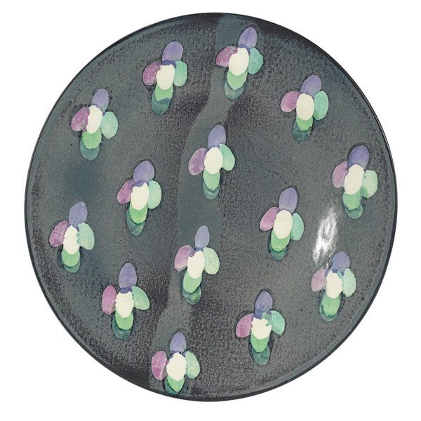 Lyn Evans Untitled hand-painted earthenware: Lyn Evans (American, 20th century) "Untitled," 1972, hand-painted earthenware, 16"dia, signed and dated on verso