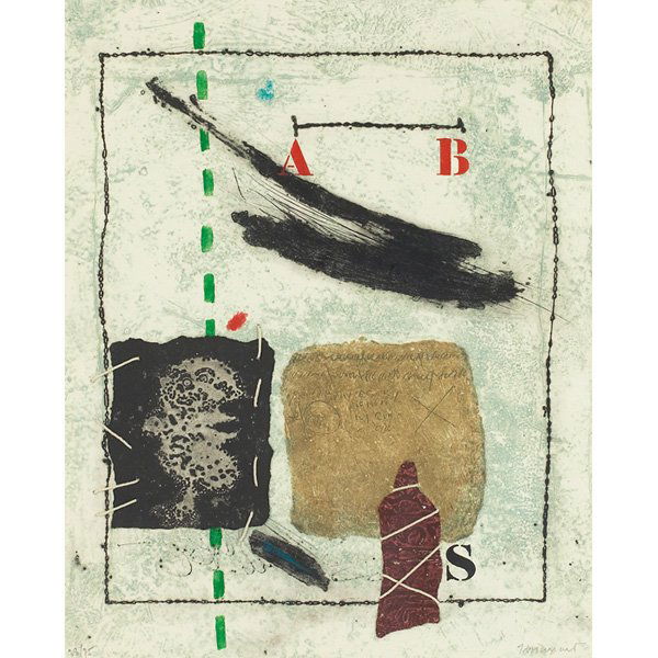 James Coignard Composition color etching carborundum: James Coignard (French, 1925-2008) "Composition," c. 1980, color etching with carborundum, 25.5" x 19", pencil signed lower right, numbered lower left, edition of 75, framed