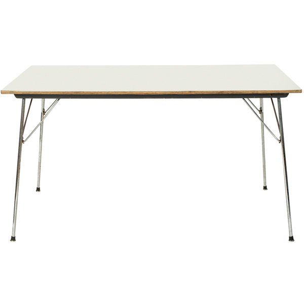 Charles & Ray Eames DTM folding table Herman Miller: Charles & Ray Eames DTM folding table, by Herman Miller, rectangular white laminate top over plywood, four folding chrome-plated legs, original finish, 54"w x 33.5"d x 29"h, good original condition