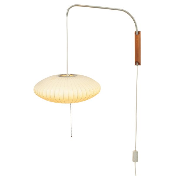 George Nelson Bubble lamp Howard Miller: George Nelson Bubble lamp, by Howard Miller, 1950s, small saucer shape light of sprayed fiberglass over wire, walnut wall bracket supports a curved metal arm, original counterweight and pull chain, si