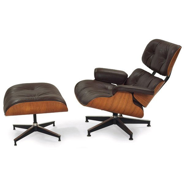 Charles & Ray Eames lounge chair ottoman Herman Miller: Charles & Ray Eames 670/671 lounge chair and ottoman, by Herman Miller, 1960s, molded rosewood plywood shells with brown leather foam-filled cushions, black enameled and polished aluminum bases, origi