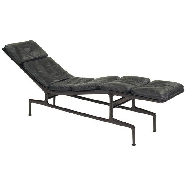 Charles & Ray Eames Billy Wilder chaise Herman Miller: Charles & Ray Eames Billy Wilder chaise, by Herman Miller, 1970s, eggplant-colored aluminum frame with original black leather zippered cushions, two loose cushions are included but not shown, 17"w x 7