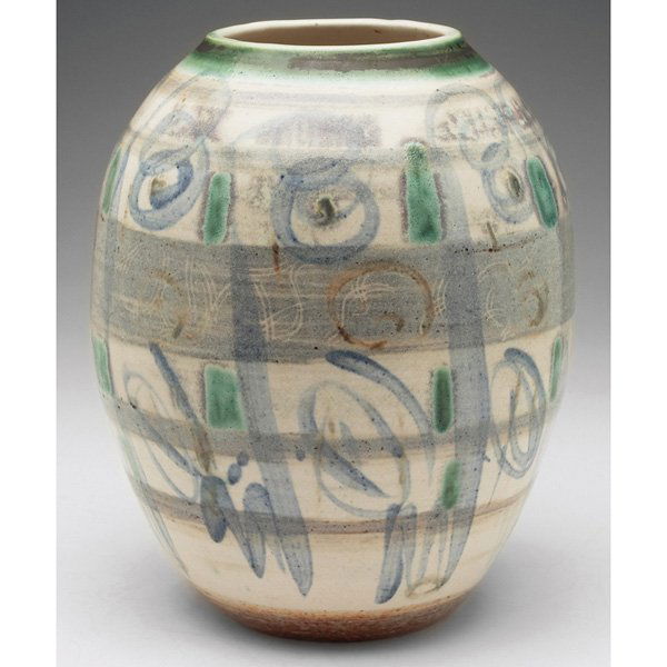 Toshiko Takeazu vase: Early Toshiko Takeazu vase, bulbous shape with painted designs in blue, green, brown and white, signed, 7"w x 9"h