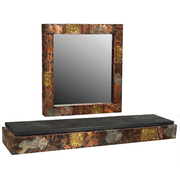 Paul Evans patchwork wall shelf mirror: Paul Evans patchwork wall shelf and mirror, by Paul Evans Studio for Directional, c. 1970, patinated copper, bronze and pewter, console with slate top, square mirror, original finish, shelf: 60"w x 13