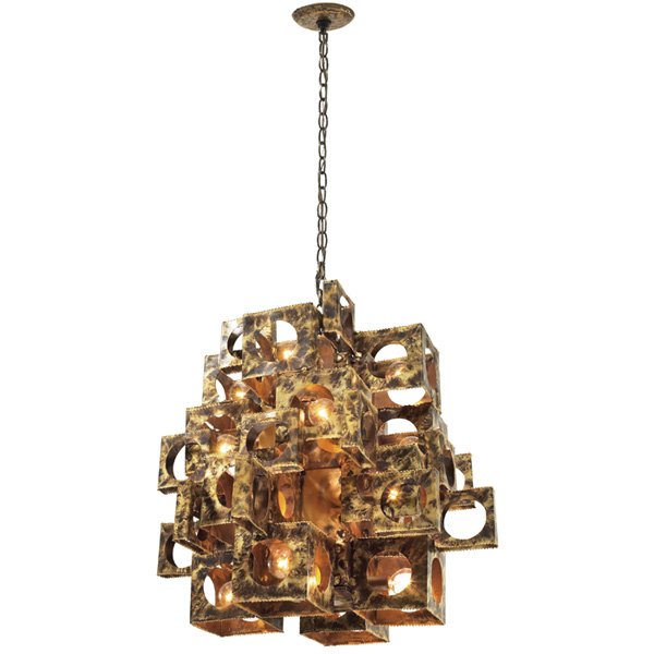 Tom Green Brutalist chandelier: Tom Green Brutalist chandelier, by Feldman, three-dimensional composition of offset cubes with round cutouts, brass with patina, 43" chain with the original matching ceiling cap, original finish, sign