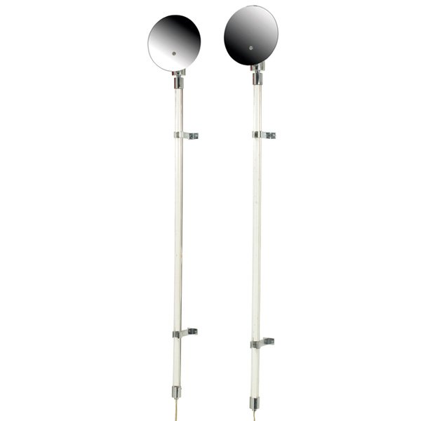 Peter Hamburger wall sconces: Peter Hamburger wall sconces, pair, by Kovacs, for Knoll International, lucite and acrylic, original chromed reflector discs hide bulbs, original clear switch, 7"w x 5"d x 46.75"h, discs are: 7"dia, v