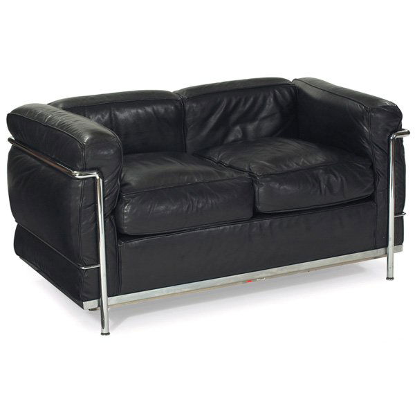 Le Corbusier LC/2 sofa: Le Corbusier LC/2 sofa, by Cassina, Italy, original black leather cushions in a tubular chromed steel frame, stamped "Le Corbusier LC/2 Cassina" with serial number and Atelier International and Cassin