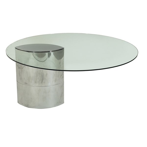 Cini Boeri Lunario table or desk: Cini Boeri "Lunario" table or desk, by Knoll, cantilevered round tempered glass top supported by a polished sheet steel base, dimples to one end of glass, original finish, glass marked "V.A.C.", 59"di