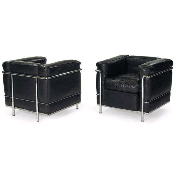 Le Corbusier LC/2 chairs: Le Corbusier LC/2 chairs, pair, by Cassina, Italy, original black leather cushions in a tubular chromed steel frame, each chair stamped "Le Corbusier LC/2 Cassina" with serial numbers, each with Ateli