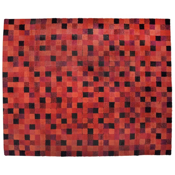 Edward Fields rug: Edward Fields rug, by Edward Fields, Inc., rectangular form, patchwork of squares in red, orange and black, signed "Edward Fields" along edge, 127" x 103", some wear and losses to edge, good original