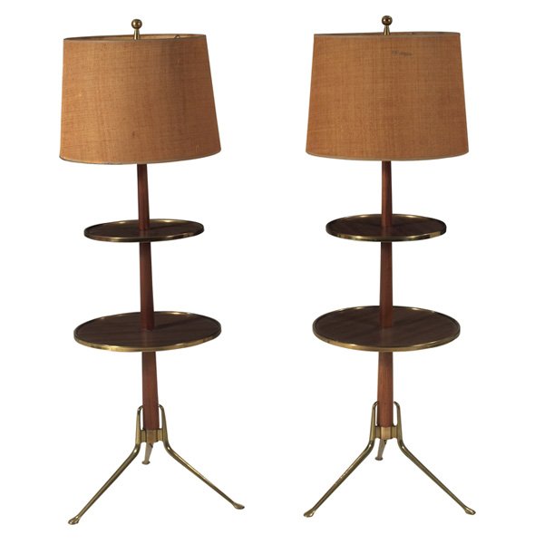 Gerald Thurston floor lamp: Gerald Thurston floor lamp, pair, by Lightolier, wood supports with solid brass tripod bases, each with two wood grain formica table surfaces, original shades, original finish, as shown: 19"dia x 49"h