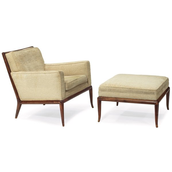 T.H. Robsjohn-Gibbings lounge chair ottoman: T.H. Robsjohn-Gibbings lounge chair and ottoman, by Widdicomb, subtly tapered and flared legs, original velour upholstery, original finish, chair: 29.5"w x 32"d x 30"h, ottoman: 26.5"w x 26.5"d x 17"h