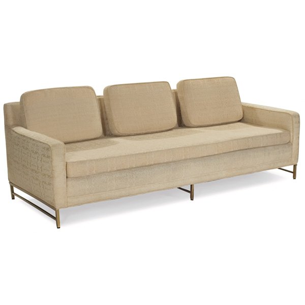 Paul McCobb sofa: Paul McCobb sofa, by Directional, square brass frame with front-to-back stretchers, three loose back cushions, original off-white patterned upholstery, original finish to legs, 87"w x 33"d x 31"h, ver