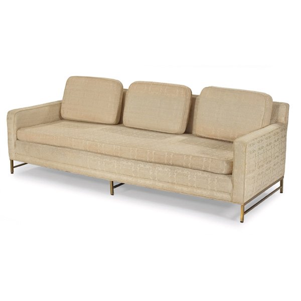 Paul McCobb sofa: Paul McCobb sofa, by Directional, square brass frame with front-to-back stretchers, three loose back cushions, original off-white patterned upholstery, original finish to legs, 87"w x 33"d x 31"h, ver