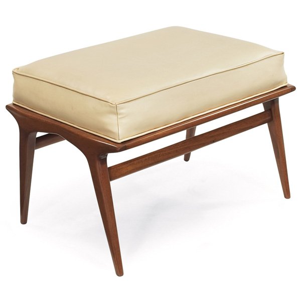 Singer & Sons ottoman: Singer & Sons ottoman, sculptural walnut frame, original white vinyl upholstery, base refinished, signed with cloth Singer & Sons label, 24"w x 17.5"d x 17"h, very good original condition