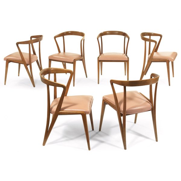 Bertha Schaefer dining chairs, six, Singer & Sons: Bertha Schaefer dining chairs, six, by Singer & Sons, sculptural walnut frames with curved backrests, original flesh-colored vinyl upholstered seats, original finish, 21"w x 23"d x 30.5"h, very good o