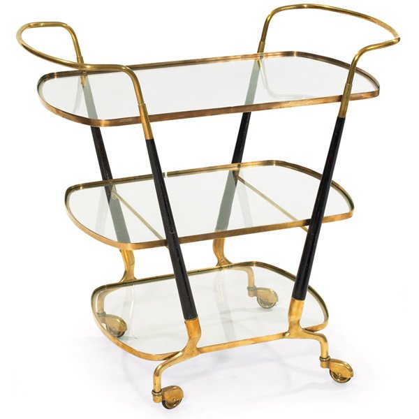 Italian tea cart: Italian tea cart, 1950s, brass and wood, three glass shelves, original castors, original finish, stamped "Italy", 17"w x 30.5"d x 29.25"h, very good original condition