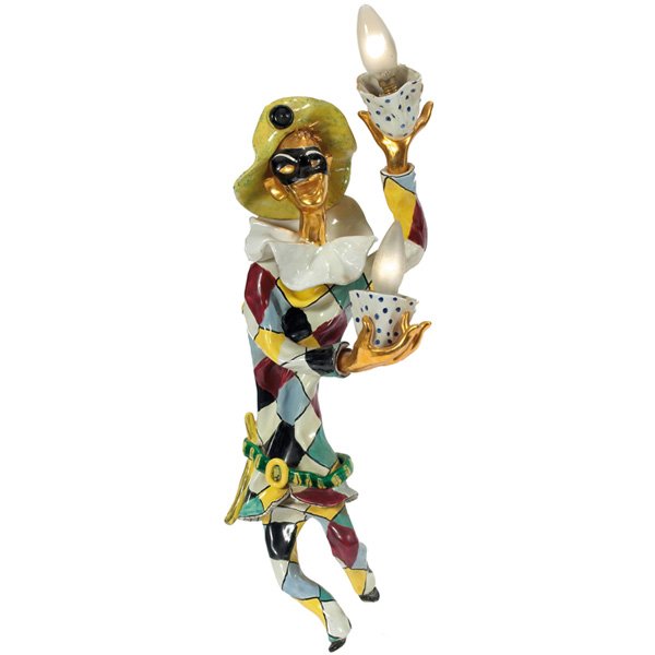 San Polo wall sconce: San Polo wall sconce, Italy, glazed ceramic, colorful harlequin supports two lights, signed "San Polo Venezia Italy O. Rosa", 8"w x 23.25"h, new wiring needed, very good original condition