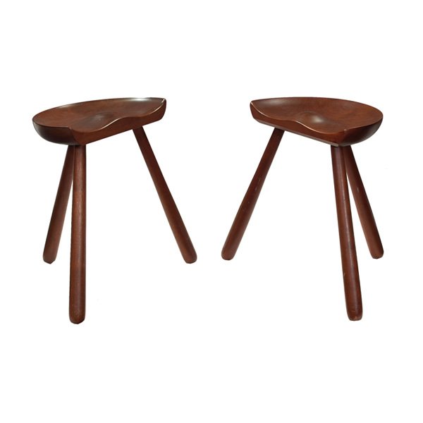 Mogens Lassens style stools: Mogens Lassens style stools, pair, solid walnut, sculptural seats over reverse tapered legs, original finish, unsigned, 20.5"w x 16"d x 19.5"h, excellent original condition