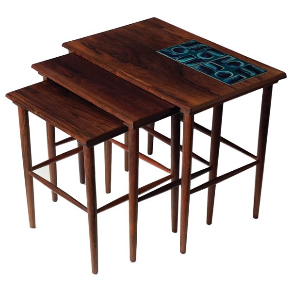 Danish nesting tables: Danish nesting tables, three, rosewood, rectangular tops over tapered legs, the largest with blue inset tiles, original finish, unsigned, largest: 22"w x 14.5"d x 19"h, very good original condition