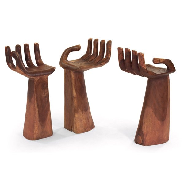 20th Century hand-carved chairs: 20th Century hand-carved chairs, three, in the style of Pedro Friedeberg, high forms suited for a bar or tall counter, original finish, 17"w x 19.5"d x 39"h, seat height: 29.5"h, very good original co