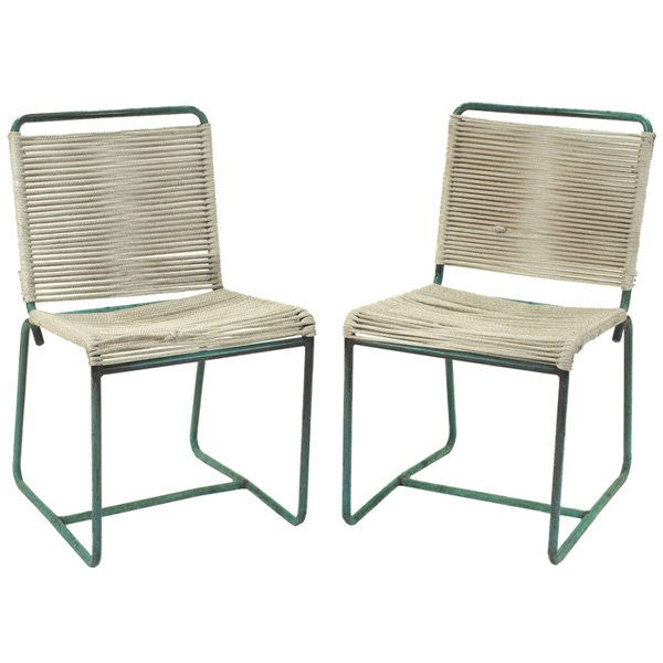 Early Walter Lamb side chairs: Early Walter Lamb side chairs, pair, by Brown Jordan, USA, copper tubing with rope seats, nice patina, original finish, 19"w x 22"d x 32.5"h, very good condition