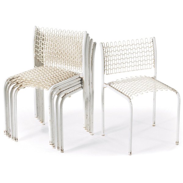 David Rowland Sof-Tech chairs: David Rowland "Sof-Tech" chairs, six, by Thonet, flexible white coated seats and backrests in white enameled metal frames, 19.5"w x 19"d x 30"h, some rust, good condition