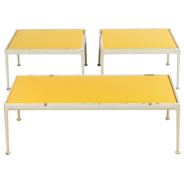 Richard Schultz Leisure Collection tables: Richard Schultz Leisure Collection tables, three, by Knoll, aluminum frames, bright yellow porcelain enamel over steel tops, original finish, coffee table: 48"w x 24"d x 15.5"h, end tables: 28"w x 28"