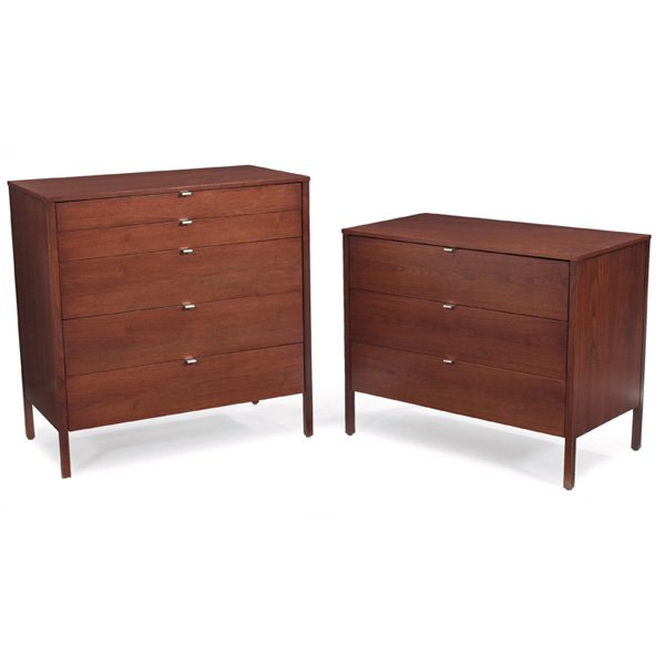 Florence Knoll cabinets: Florence Knoll cabinets, two, by Knoll Associates, walnut, one with five drawers and one with three drawers, original pulls, backs are white, refinished, each signed with Knoll Associates label, left: