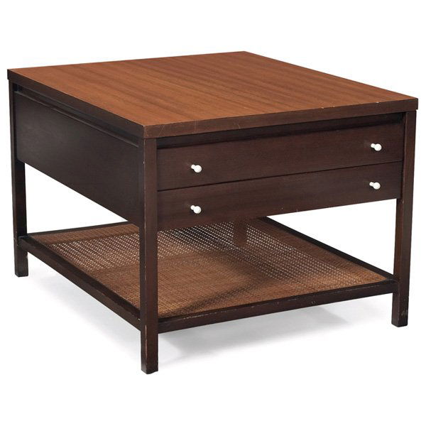 Paul McCobb end table: Paul McCobb end table, by Calvin, mahogany, caned lower shelf, two drawers with the original pulls, original finish, signed with Calvin metal tag, 24"w x 28"d x 19"h, very good original condition
