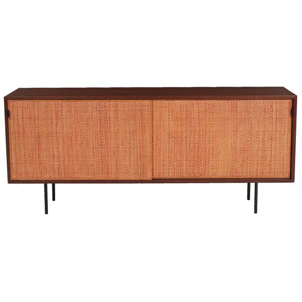 Florence Knoll cabinet: Florence Knoll cabinet, by Knoll Associates, walnut case with two caned sliding doors, black rod legs, interior contains seven oak shelves and one flatware drawer, refinished, signed with Knoll Associ