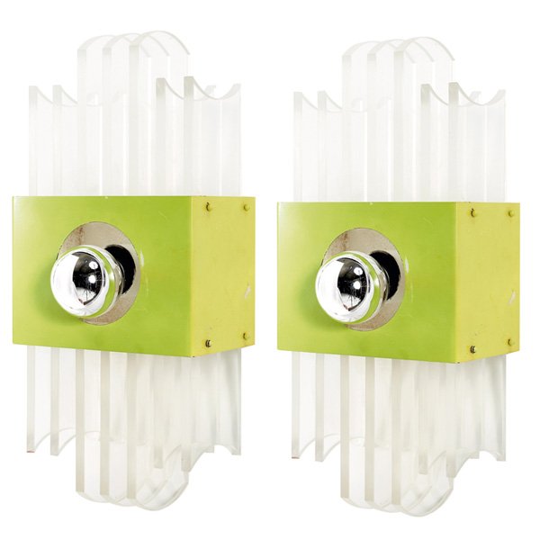 1960s sconces, pair, lucite: 1960s sconces, probably French, green enameled aluminum housing supports acrylic fins at top and bottom, unsigned, original finish, 8"w x 5.5"d x 17.5"h, very good condition