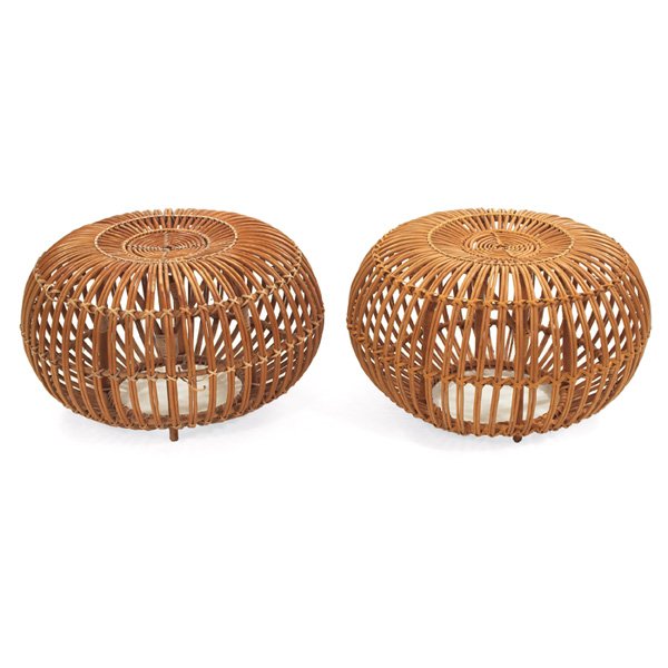 Franco Albini stools: Franco Albini stools, pair, by Vittorio Bonacina, Italy, attribution, rattan, 24"dia x 15"h, original finish, very good original condition