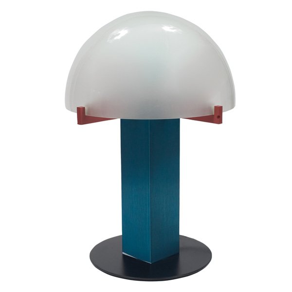 Ron Rezek post-modern table lamp: Ron Rezek post-modern table lamp, in the style of Memphis, enameled metal base with square blue anodized aluminum column, glass dome shade with polished exterior and frosted interior held by red suppo