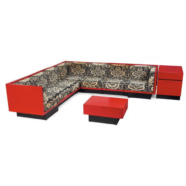1970s sectional seating unit: 1970s sectional seating unit, with end table and coffee table, rectilinear forms with black vinyl-covered pedestal bases, original red finish, coffee table with two lift tops, end table with a lift to