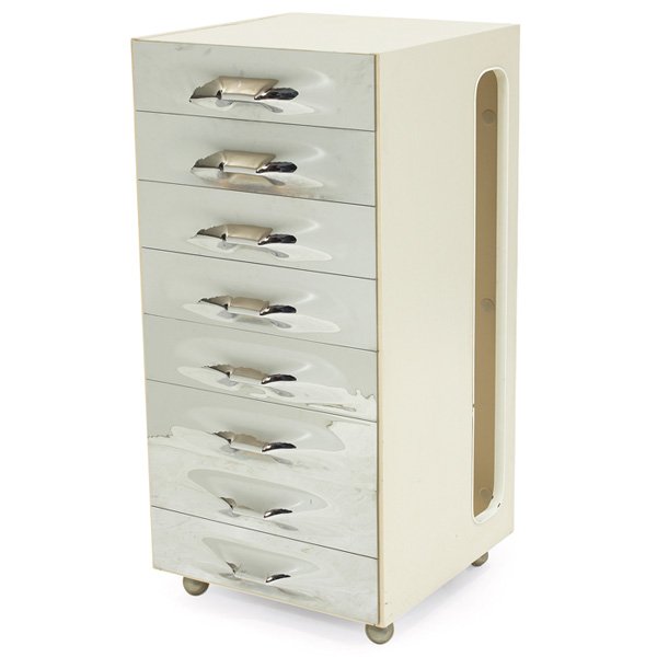 Raymond Loewy DF 2000 valet cabinet: Raymond Loewy DF 2000 valet cabinet, by Doubinsky Freres, France, wood and laminate cabinet with molded silver plastic drawer fronts, hinged top with interior mirror and removable tray over two single