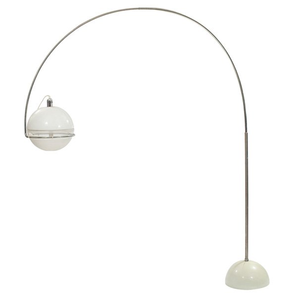 Fabio Lenci "Focus" arc floor lamp: Fabio Lenci "Focus" arc floor lamp, by Guzzini, Italy, c.1972, clear and opaque round plastic adjustable shade in a chrome-plated frame, weighted base with original white plastic cover, globe adjusts,