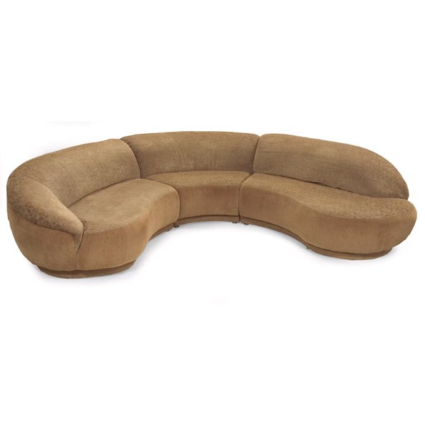 Large Milo Baughman serpentine sectional sofa: Large Milo Baughman serpentine sectional sofa, three pieces, by Thayer Coggin, curved forms entirely upholstered in the original caramel-colored velour upholstery, each signed with paper Thayer Coggin