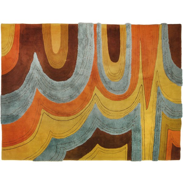 Edward Fields rug: Large Edward Fields rug, by Edward Fields, Inc., 1973, 100 percent virgin wool, orange, gold, brown and light blue, the blue sections executed in longer pile, signed and dated along edge, 108" x 146",