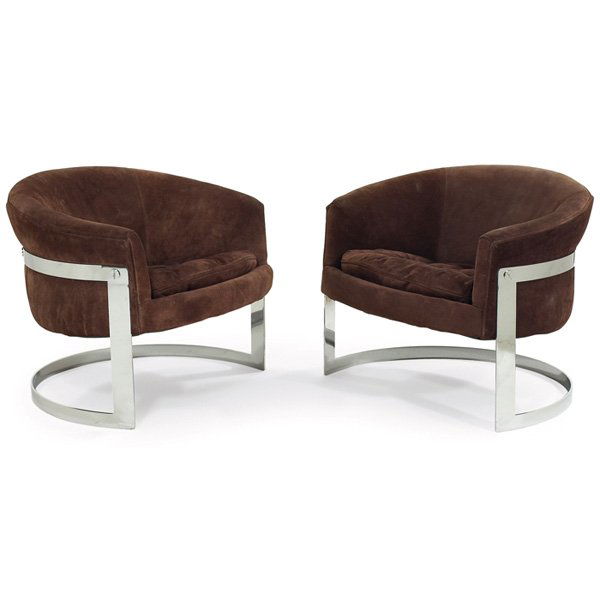 Milo Baughman lounge chairs: Milo Baughman lounge chairs, pair, by Thayer Coggin, chromed steel frames with cantilevered seats upholstered in the original brown suede leather, unsigned, 30"w x 28"d x 26.5"h, excellent original co