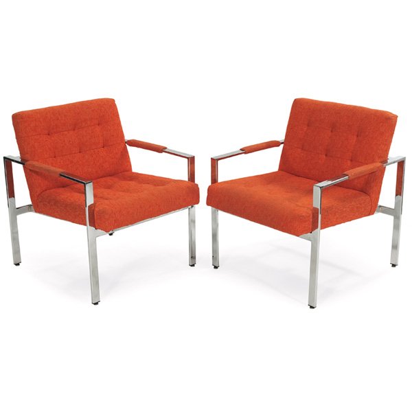 Milo Baughman lounge chairs: Milo Baughman lounge chairs, pair, by Thayer Coggin, rectilinear chrome frames, original bright orange upholstery, each signed with Milo Baughman/Thayer Coggin label, 25"w x 28"d x 30.5"h, very good o