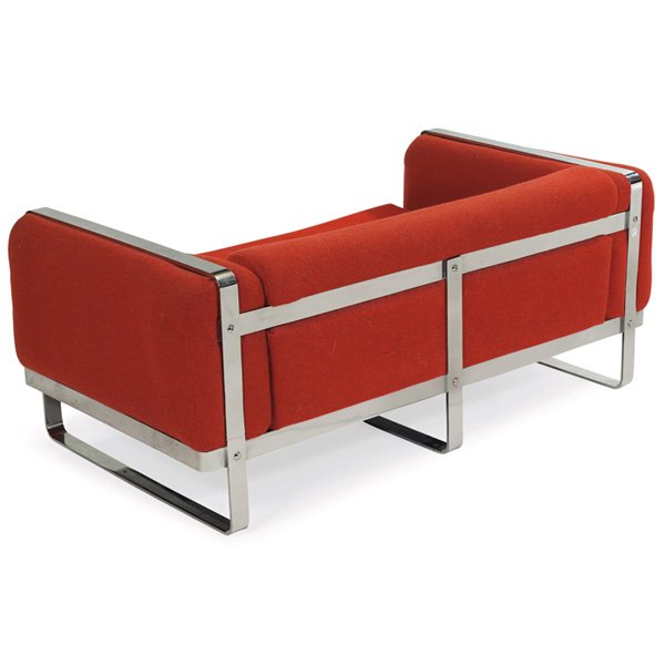 Milo Baughman love seat: Milo Baughman love seat, by Thayer Coggin, banded chrome-plated steel frame with exposed structure to back, original orange wool upholstery, unsigned, 64"w x 34"d x 26"h, very good original condition