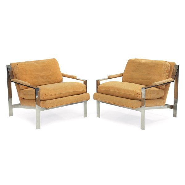 Milo Baughman lounge chairs: Milo Baughman lounge chairs, pair, by Thayer Coggin, rectilinear chrome frames, original yellow nubby upholstery, 29.75"w x 33"d x 28"h, very good original condition