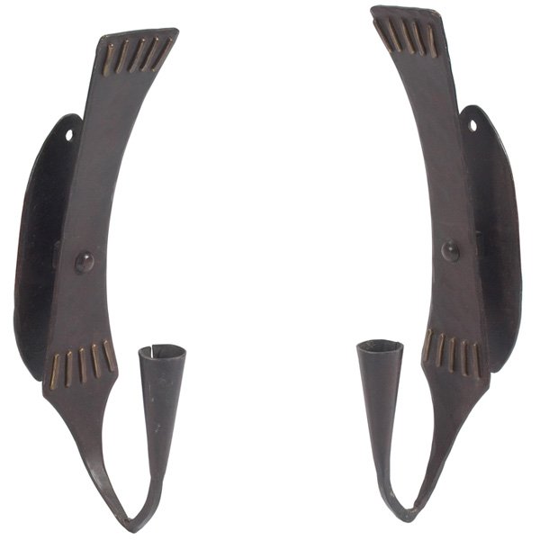 Lars Holmstrom wall sconces: Lars Holmstrom wall sconces, pair, Sweden, hammered steel with bronze accents, stamped marks "Lars Holmstrom Arvika" and "Made in Sweden", Holmstrom was a member of Arvika Kontshantverk, 3"w x 5"d x 1