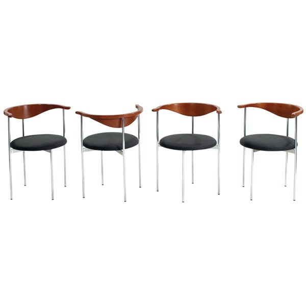 Frederik Sieck dining chairs: Frederik Sieck dining chairs, four, by Fritz Hansen, Denmark, c. 1962, molded teak backrests, chromed steel frames with four legs, three legs continue to support the backrest, round seats with matte b